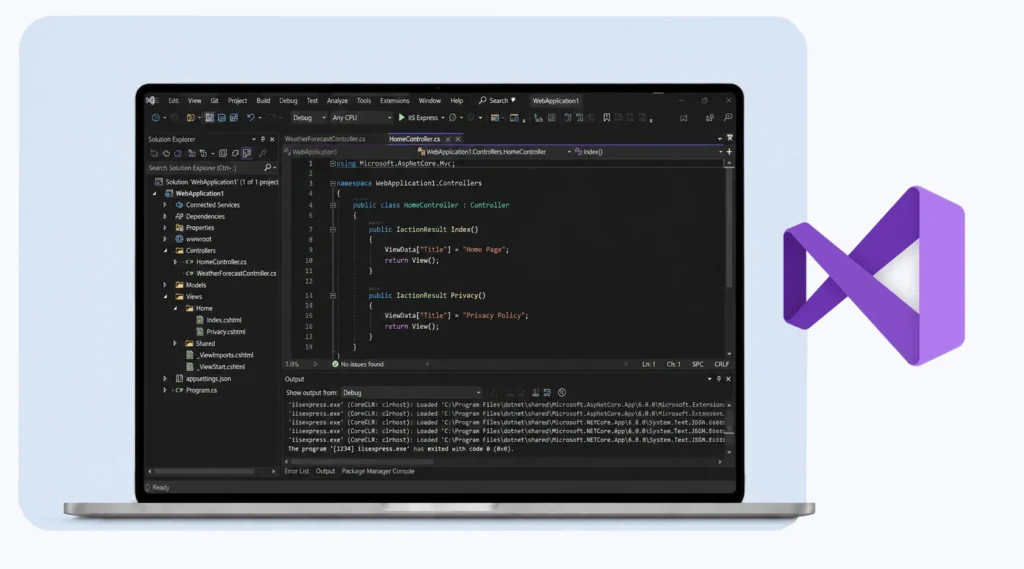 تصویر Visual Studio 2022 روی لپ‌تاپ، محیط توسعه حرفه‌ای نرم‌افزار و کدنویسی