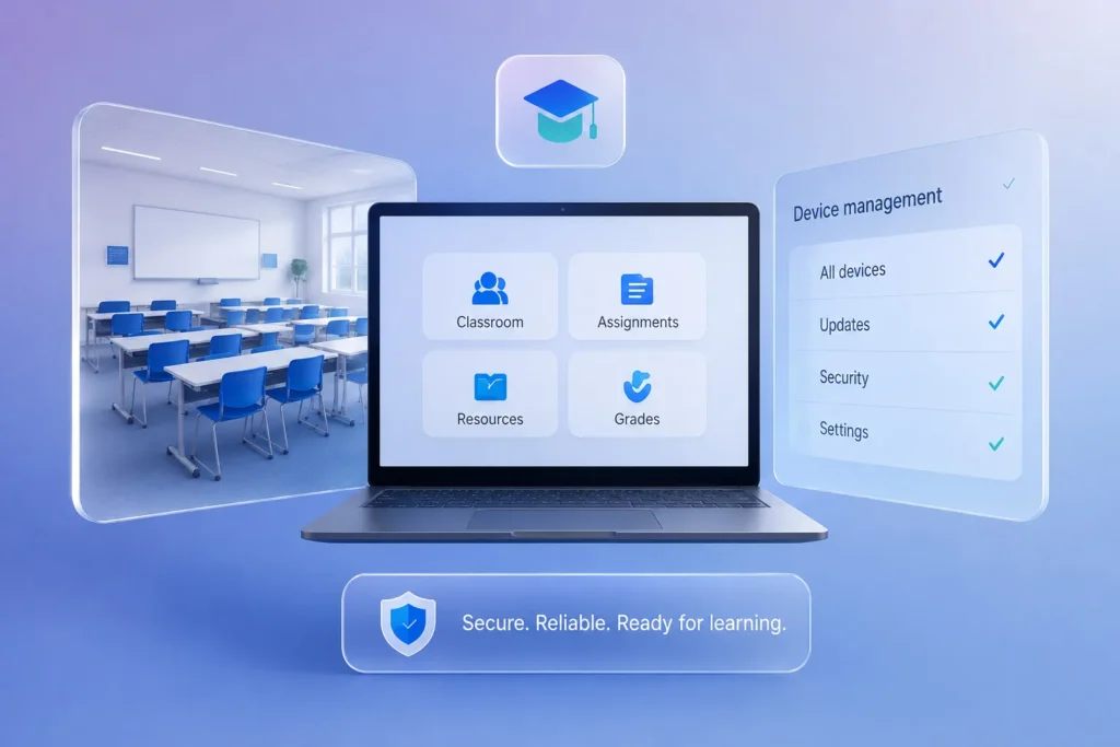 تصویر مفهومی Windows 11 Education برای مدارس و مراکز آموزشی با لپ‌تاپ، محیط کلاس هوشمند، ابزارهای مدیریت دستگاه‌ها و قابلیت‌های آموزشی مایکروسافت