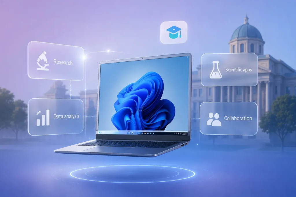 تصویر Windows 11 برای مدارس و مراکز آموزشی با لپ‌تاپ، محیط کلاس هوشمند، ابزارهای مدیریت دستگاه‌ها و قابلیت‌های آموزشی مایکروسافت