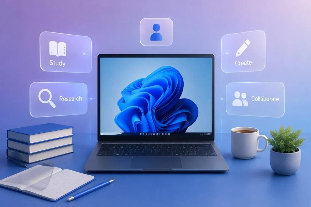 تصویر مفهومی استفاده از Windows 11 Education توسط دانشجویان و اساتید با لپ‌تاپ، ابزارهای مطالعه، تحقیق، تولید محتوا و همکاری آموزشی