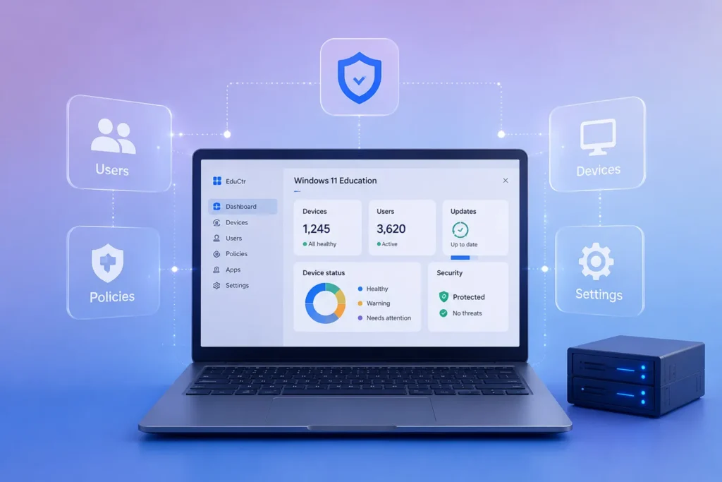 تصویر مفهومی مدیریت زیرساخت‌های آموزشی با Windows 11 Education شامل داشبورد مدیریتی، کنترل کاربران، مدیریت دستگاه‌ها و تنظیمات امنیتی