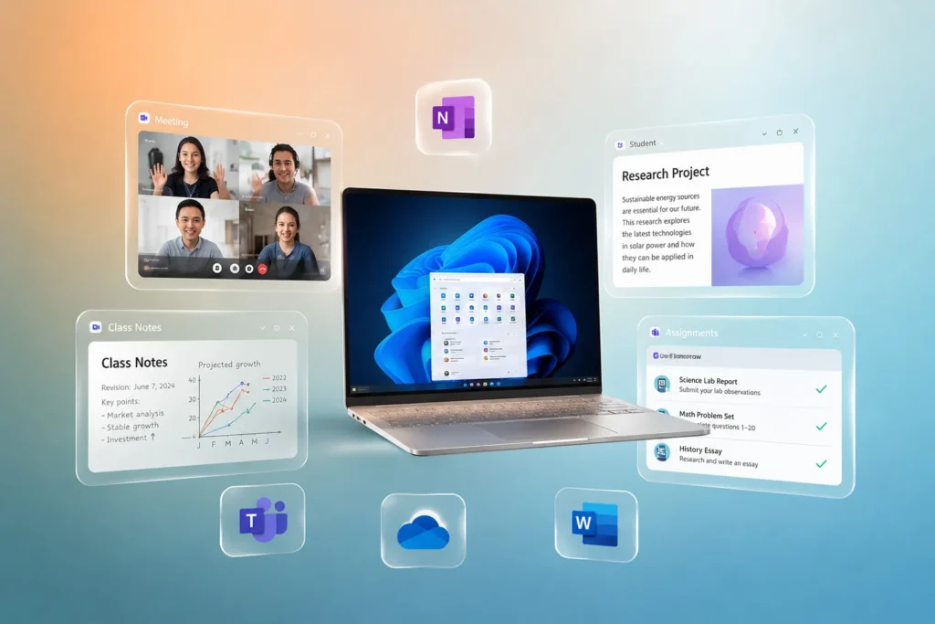Windows 11 Home برای دانش‌آموزان و دانشجویان با ابزارهای آموزش آنلاین، Microsoft Teams و OneNote