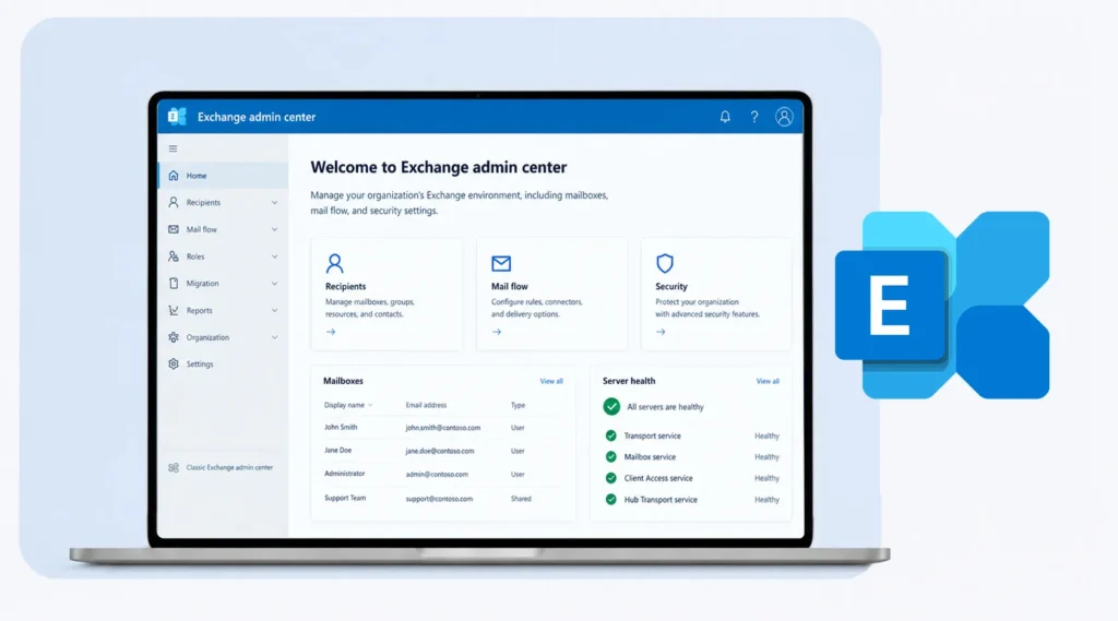 لپ‌تاپ با نمایش محیط نرم‌افزار Microsoft Exchange Server و داشبورد مدیریت Exchange Admin Center