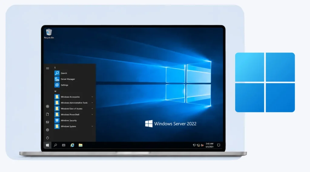 دسکتاپ Windows Server 2022 روی صفحه‌نمایش یک لپ‌تاپ با پس‌زمینه آبی و رابط کاربری ویندوز سرور