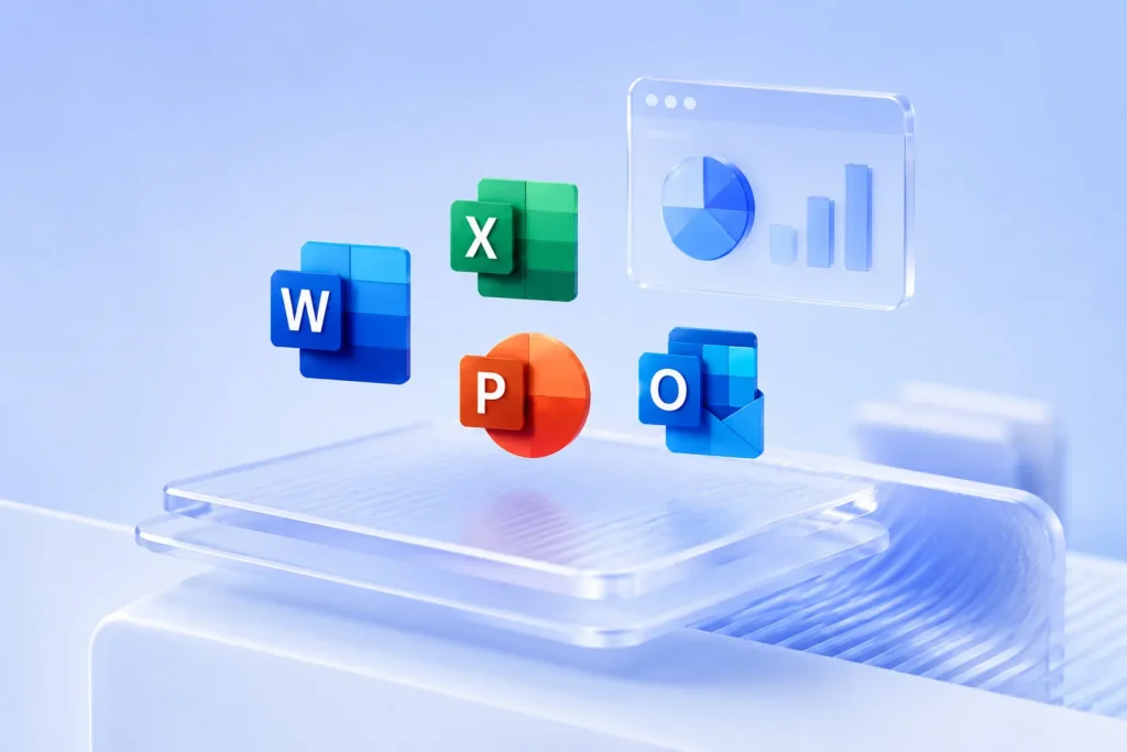 تصویر سه‌بعدی حرفه‌ای از Office 2024 با نمودارهای تحلیلی، تقویم، اسناد و آیکون‌های Word، Excel، PowerPoint و Outlook برای مدیریت گزارش‌ها، داده‌ها و مکاتبات سازمانی.