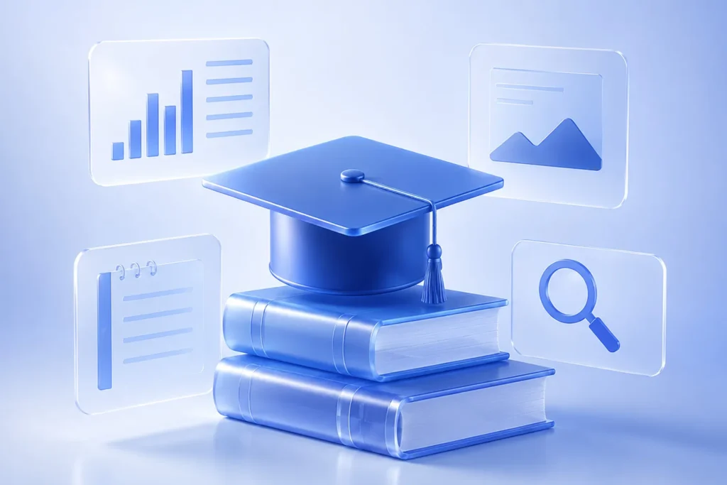 تصویر سه‌بعدی مدرن Office 2024 با کتاب، کلاه فارغ‌التحصیلی، نمودارهای تحلیلی و ابزارهای پژوهشی برای نگارش مقالات، تحلیل داده‌ها و آماده‌سازی ارائه‌های آموزشی.