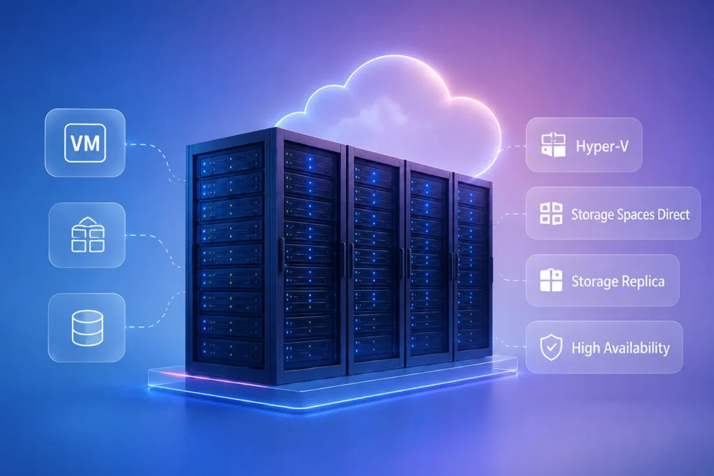 زیرساخت مجازی مبتنی بر Windows Server 2025 Standard با سرورهای Hyper-V برای اجرای ماشین‌های مجازی، سرویس‌های سازمانی و مدیریت منابع شبکه