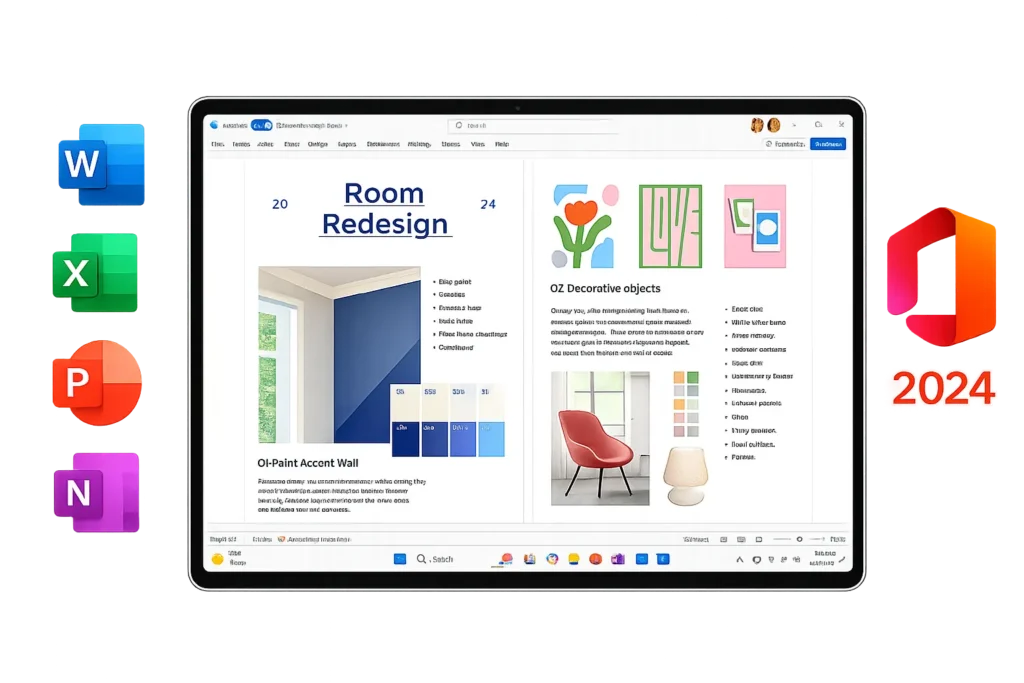 رابط کاربری Microsoft Office 2024 با برنامه‌های Word، Excel، PowerPoint و OneNote در کنار لوگوی Office 2024، مناسب برای انجام امور اداری، تولید اسناد، تحلیل داده‌ها و ارائه‌های حرفه‌ای.