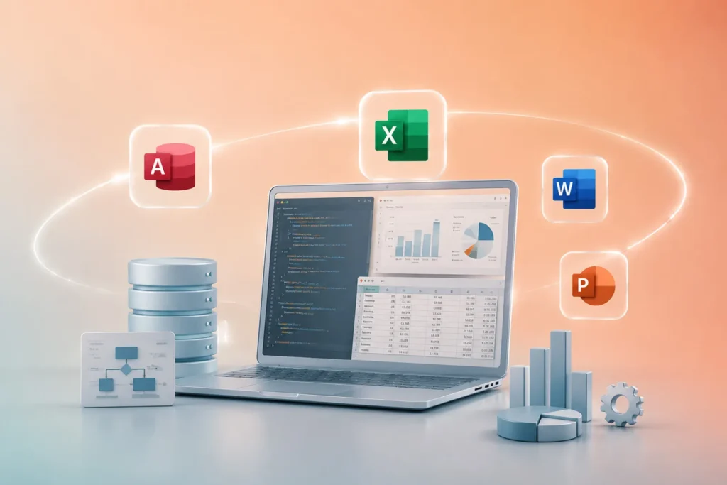 توسعه‌دهنده و تحلیلگر داده در حال استفاده از Microsoft Office 2024 Pro Plus برای طراحی پایگاه داده در Access، تحلیل اطلاعات در Excel و مدیریت پروژه‌های تخصصی در محیطی حرفه‌ای.